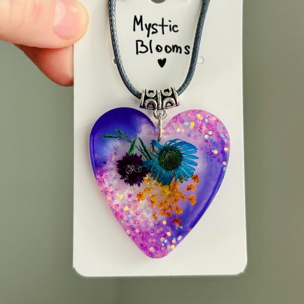 Purple Floral Heart Resin Pendant with Real Flowers Necklace Mystic Jewelry Gift